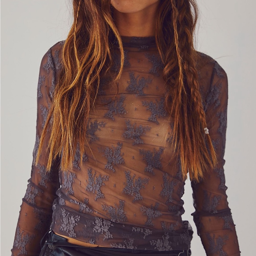 Free People Lady Lux Lace Layering Top, Black Sand, size L